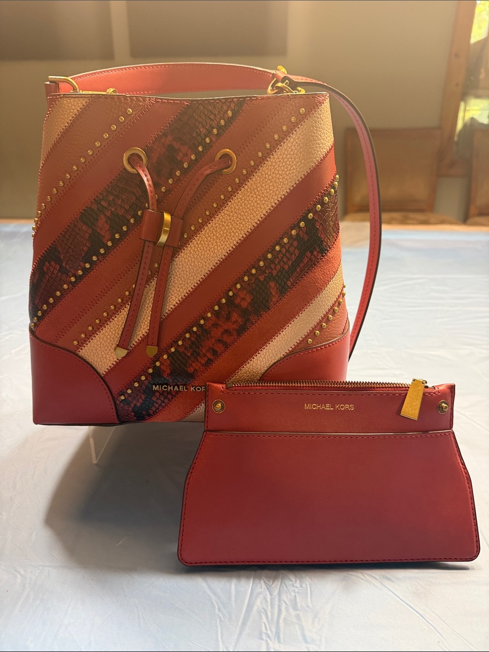 Michael Kors Red and Cream Leather Drawstring Bucket Bag with Pouch NWOT